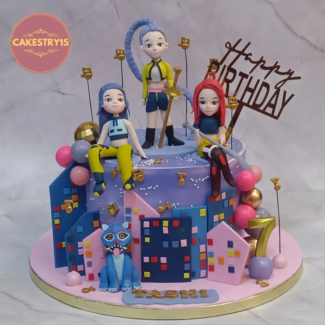 Eggless kids birthday cake inspired by K-Pop Demon Hunters theme cake Noida with detailed character toppers and chocolate finish.