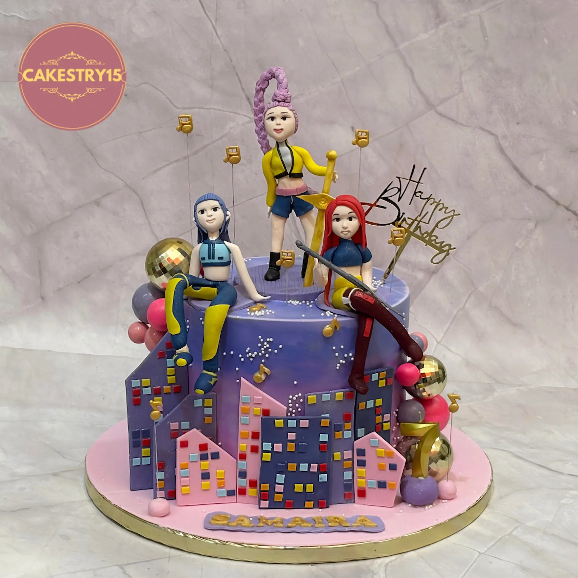 Eggless K-Pop Demon Hunters theme kids birthday cake with fondant characters and city design by Cakestry15 in Noida.