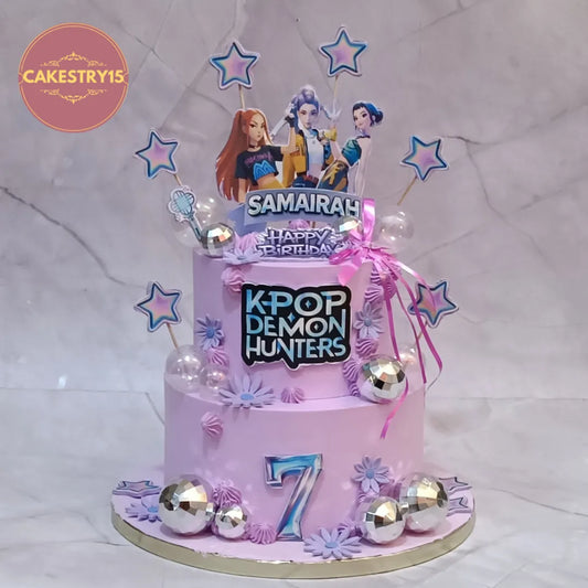 K Pop fantasy kids birthday cake with lavender icing and edible character prints, premium theme cake Noida from Cakestry15 eggless cakes collection