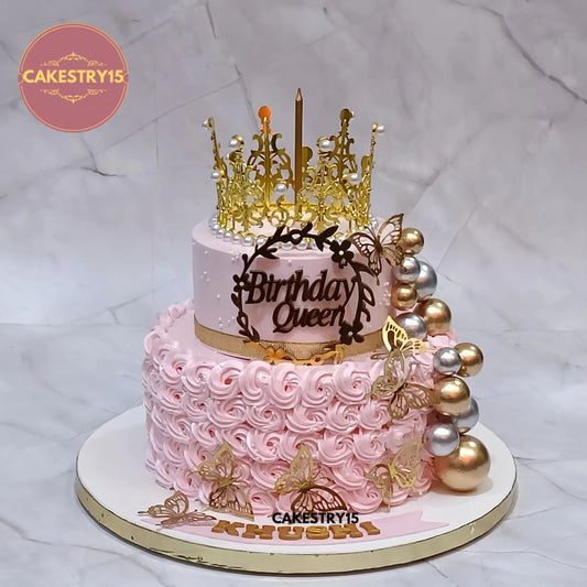 2kg pineapple birthday queen cake with crown, rosettes, golden butterflies by Cakestry15 Noida