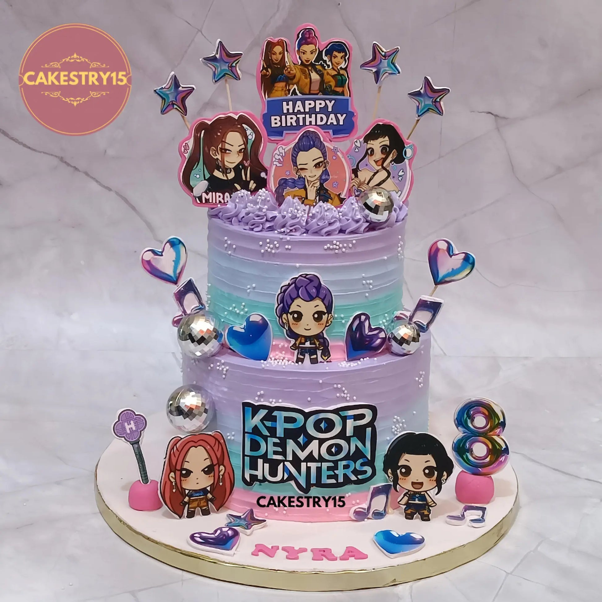 3kg K-Pop Demon Hunters choco vanilla eggless birthday cake from Cakestry15 with edible images and silver disco balls