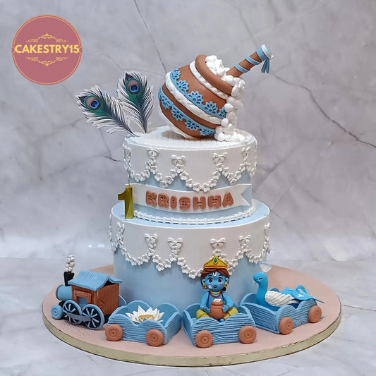 Krishna theme first birthday cake 5kg chocolate eggless custom cake in Noida by cakestry15