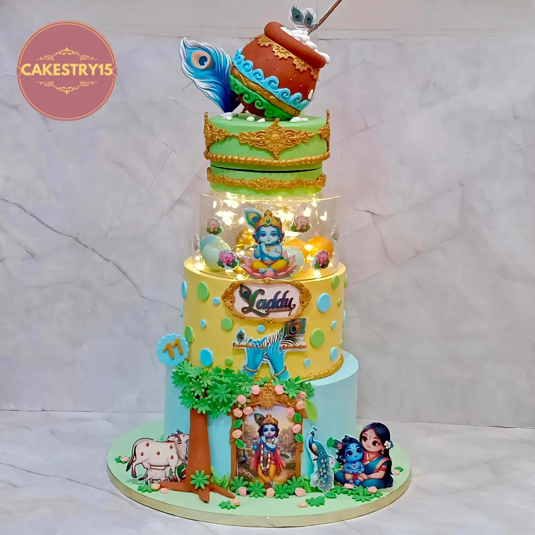 Krishna theme kids birthday cake with festive detailing from an eggless cakes bakery offering a theme cake Noida customers can order.