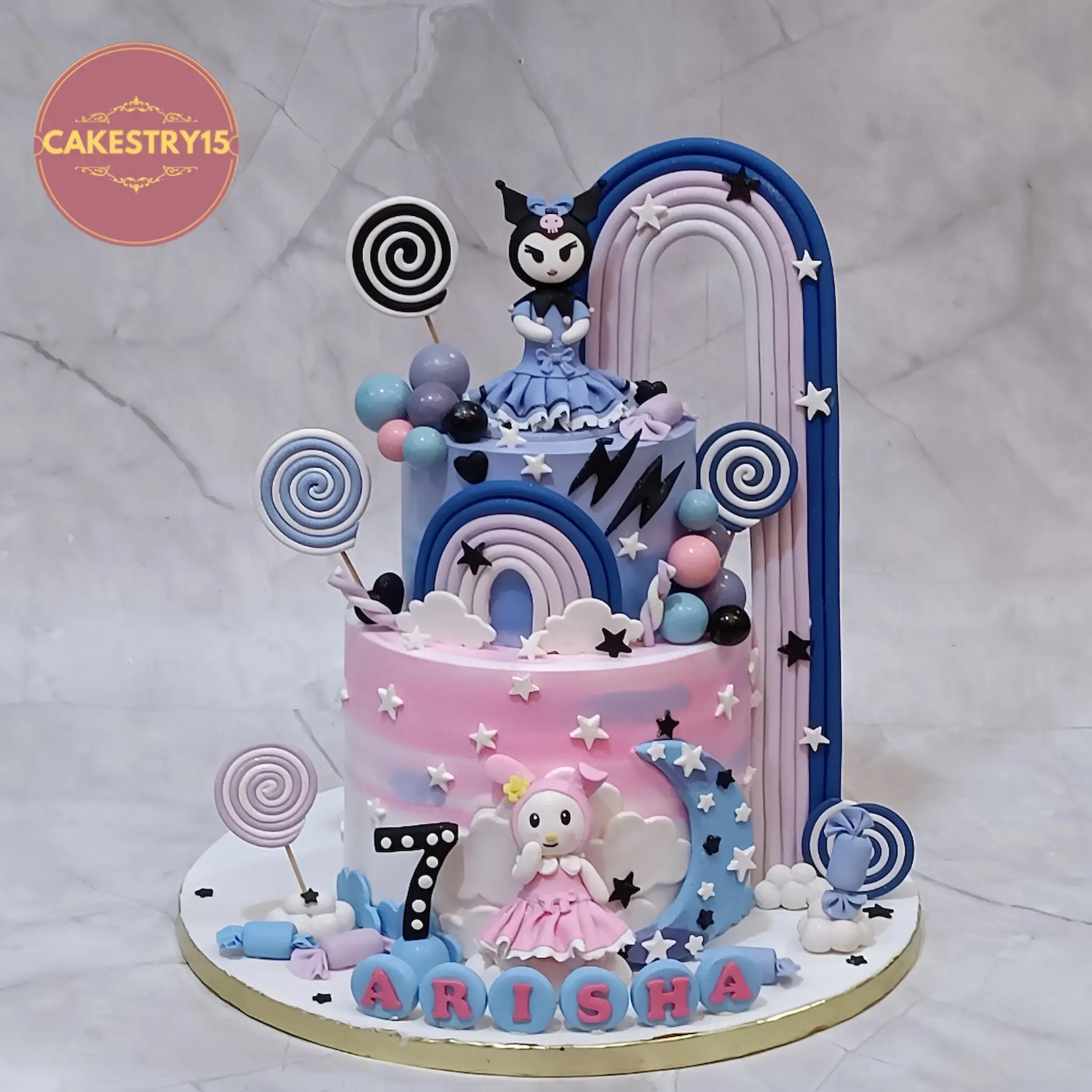 Kuromi theme cartoon rainbow eggless birthday cake for girls, custom kids birthday cake in Noida by cakestry15