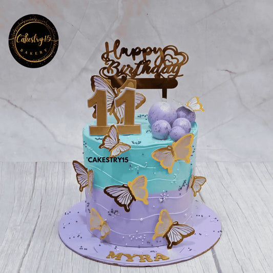Lavender and blue butterfly theme birthday cake for 11-year-old Myra with faux butterflies and birthday tag by cakestry15,best bakery noida