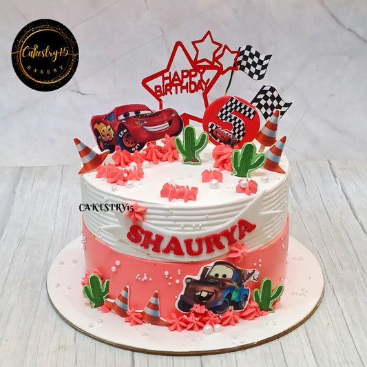 Eggless Lightning McQueen theme kids birthday cake in butterscotch flavour for a 5th birthday by Cakestry15 in Noida