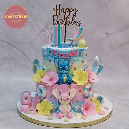 Lilo and Stitch kids birthday cake with rainbow icing and fondant figurines, premium theme cake Noida from Cakestry15 eggless cakes collection.