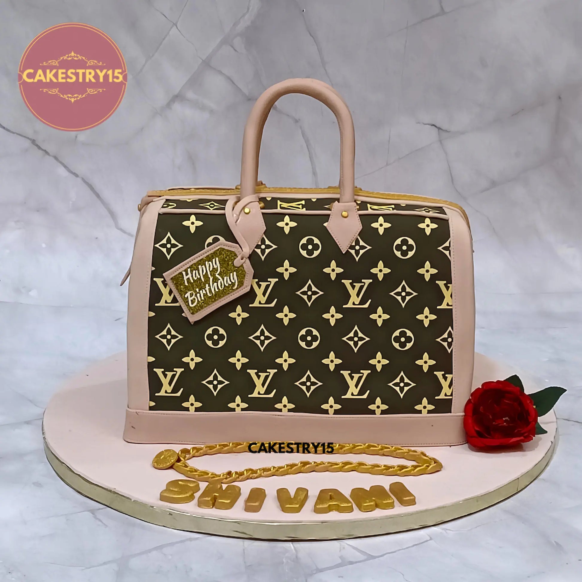 5kg chocolate Louis Vuitton handbag design cake with zip, handles, rose, and name by Cakestry15 Noida.