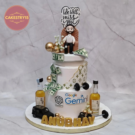 Luxury eggless corporate farewell cake in Noida with rotating top, chocolate flavour, figurine, and premium decor by Cakestry15