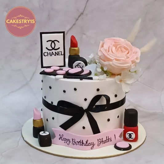 Eggless makeup and shopaholic birthday cake with luxury beauty elements, perfect as a theme cake Noida for women celebrations.