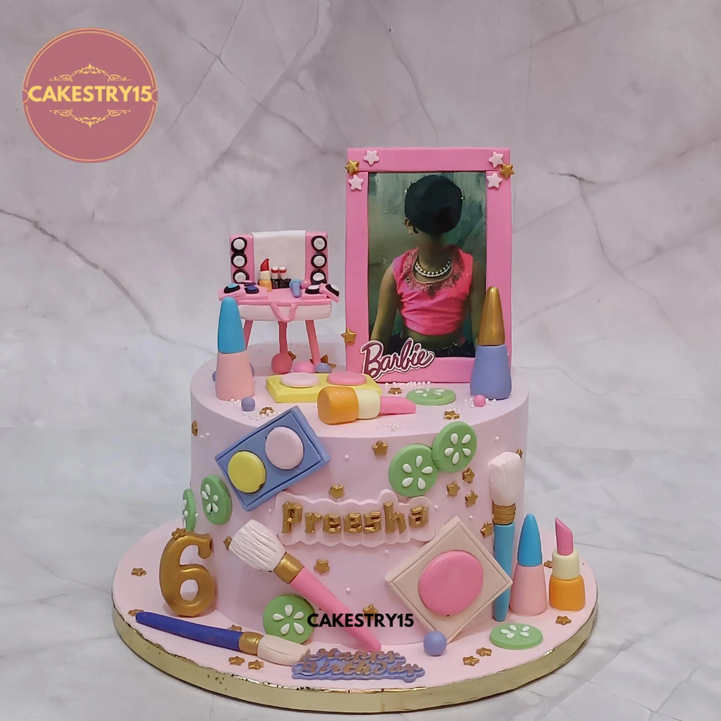 Eggless makeup theme kids birthday cake for Preesha with fondant cosmetics and edible photo by Cakestry15 Noida