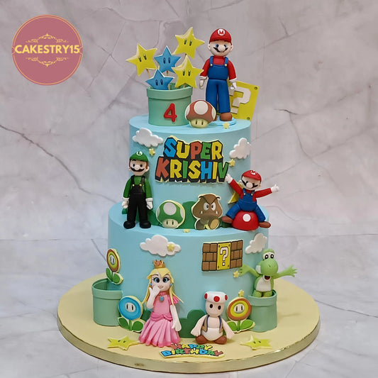 Mario Bros theme birthday cake eggless kids birthday cake in Noida with fondant characters and gaming design