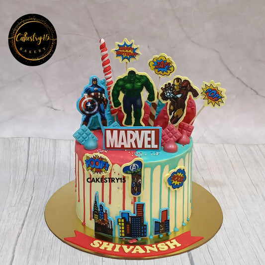1.5kg Marvel-themed choco butterscotch birthday cake for Shivansh with red and blue ganache drip