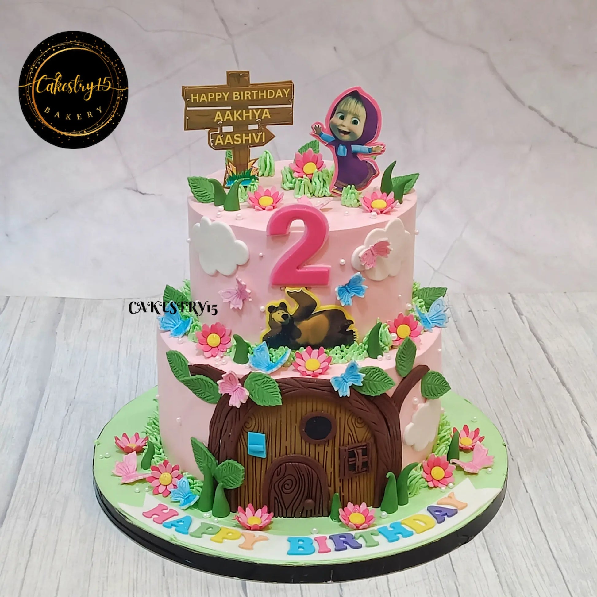 Masha and Bear kids birthday cake designed as a premium theme cake Noida option, handcrafted as one of our signature eggless cakes.