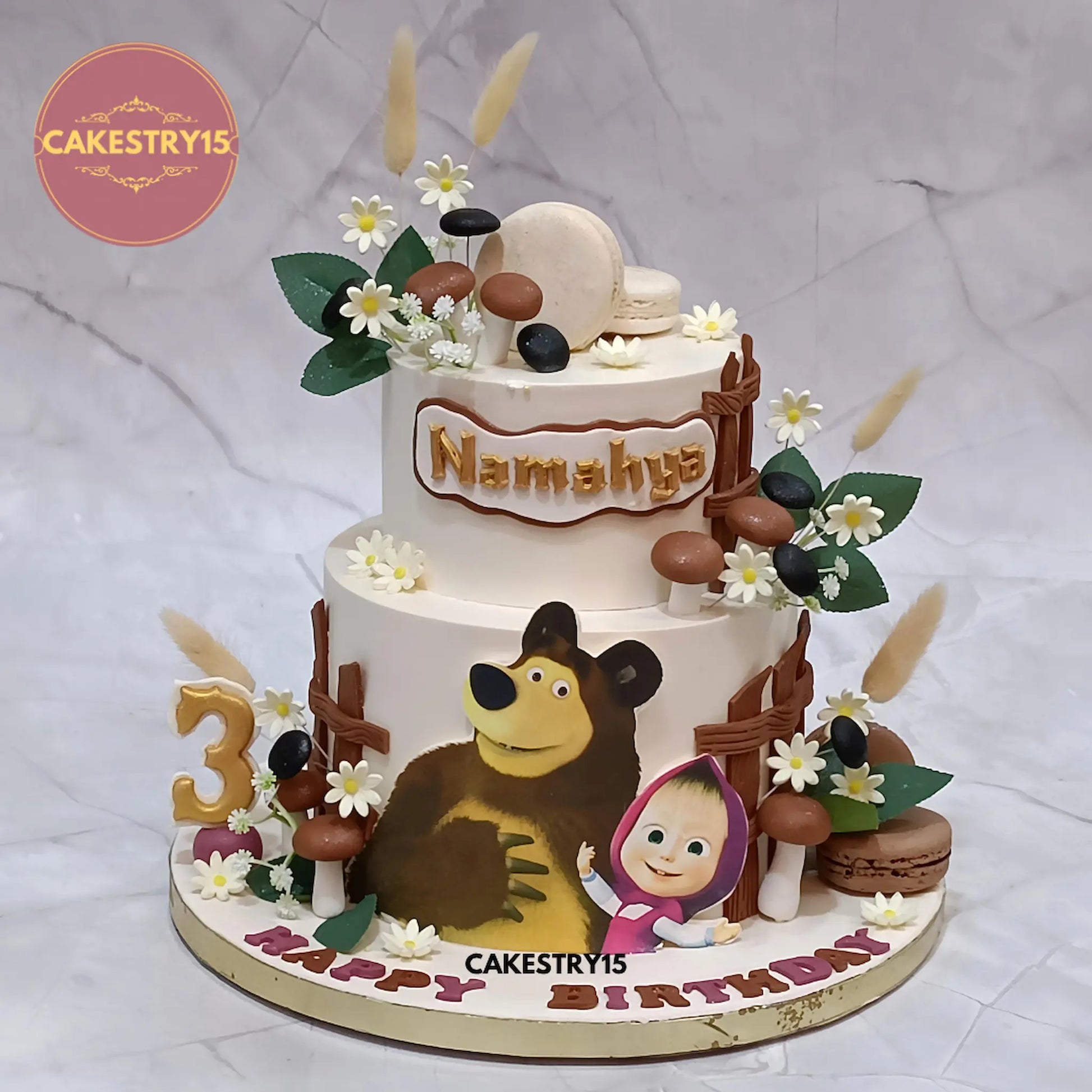 Eggless Masha and the Bear theme birthday cake for kids with pineapple flavour from Cakestry15 Noida