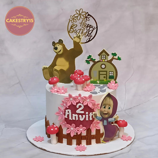 Masha and the Bear theme kids birthday cake for Anvita eggless custom cake in Noida with fondant decorations
