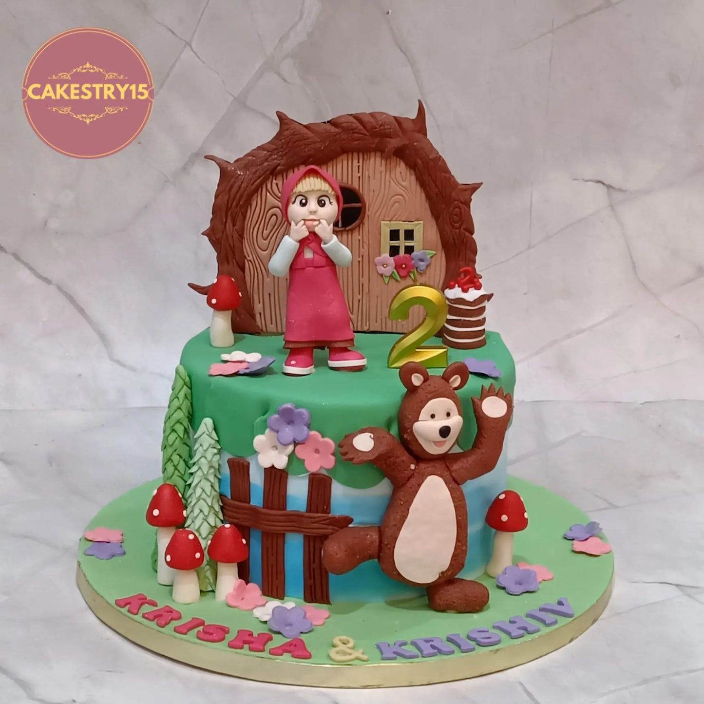 Masha and the Bear kids birthday cake theme cake Noida with chocolate flavour, premium eggless cakes for twins celebration