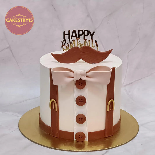 Eggless men bowtie mustache theme birthday cake in chocolate flavour with fondant details from Cakestry15 Noida