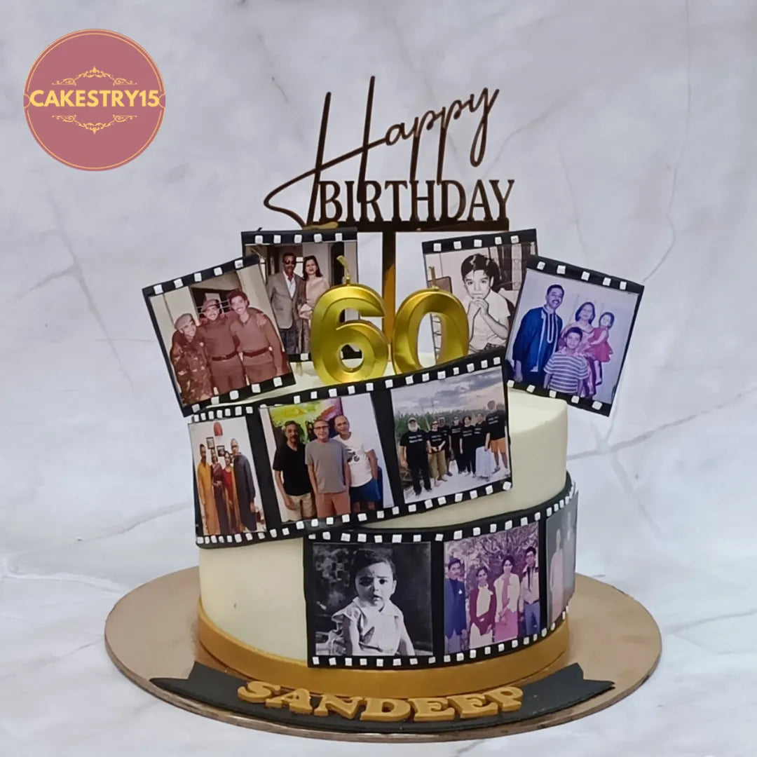Eggless cakes for mens 60th birthday celebration featuring personalised photos, chocolate flavour, and premium theme cake Noida design for family celebrations.