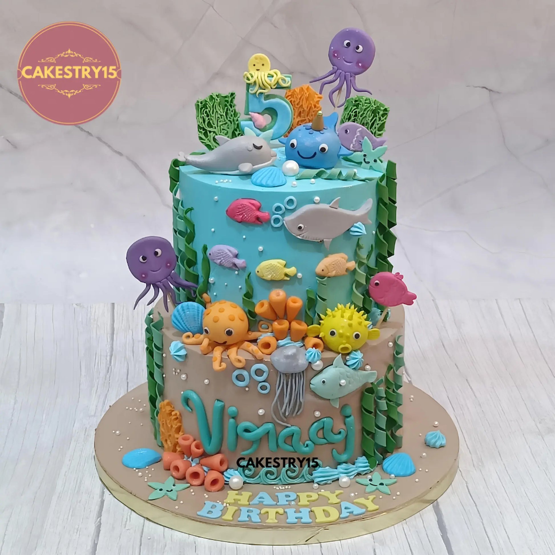 Mermaid Lagoon theme eggless kids birthday cake with underwater fondant design by Cakestry15 in Noida