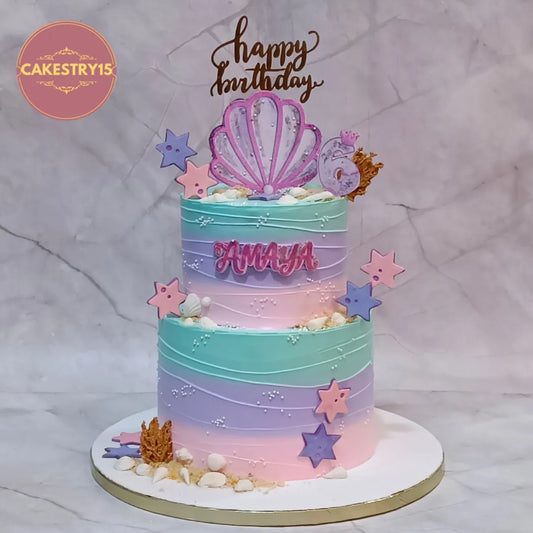 Premium kids birthday cake featuring a pastel mermaid ocean design, handcrafted as a theme cake Noida using delicious eggless cakes.
