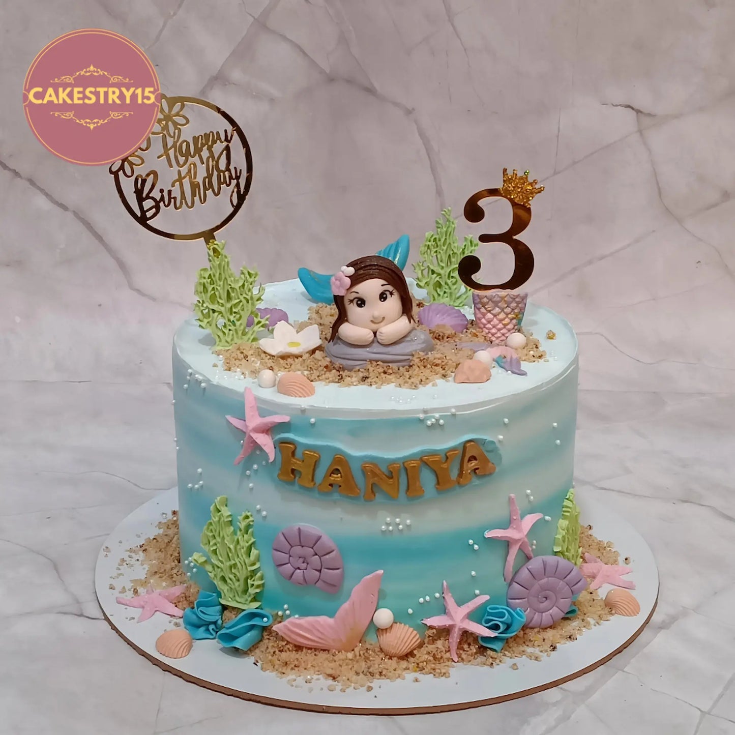 Mermaid theme kids birthday cake in Noida with blueberry flavour, designed as eggless cakes for a 3rd birthday celebration