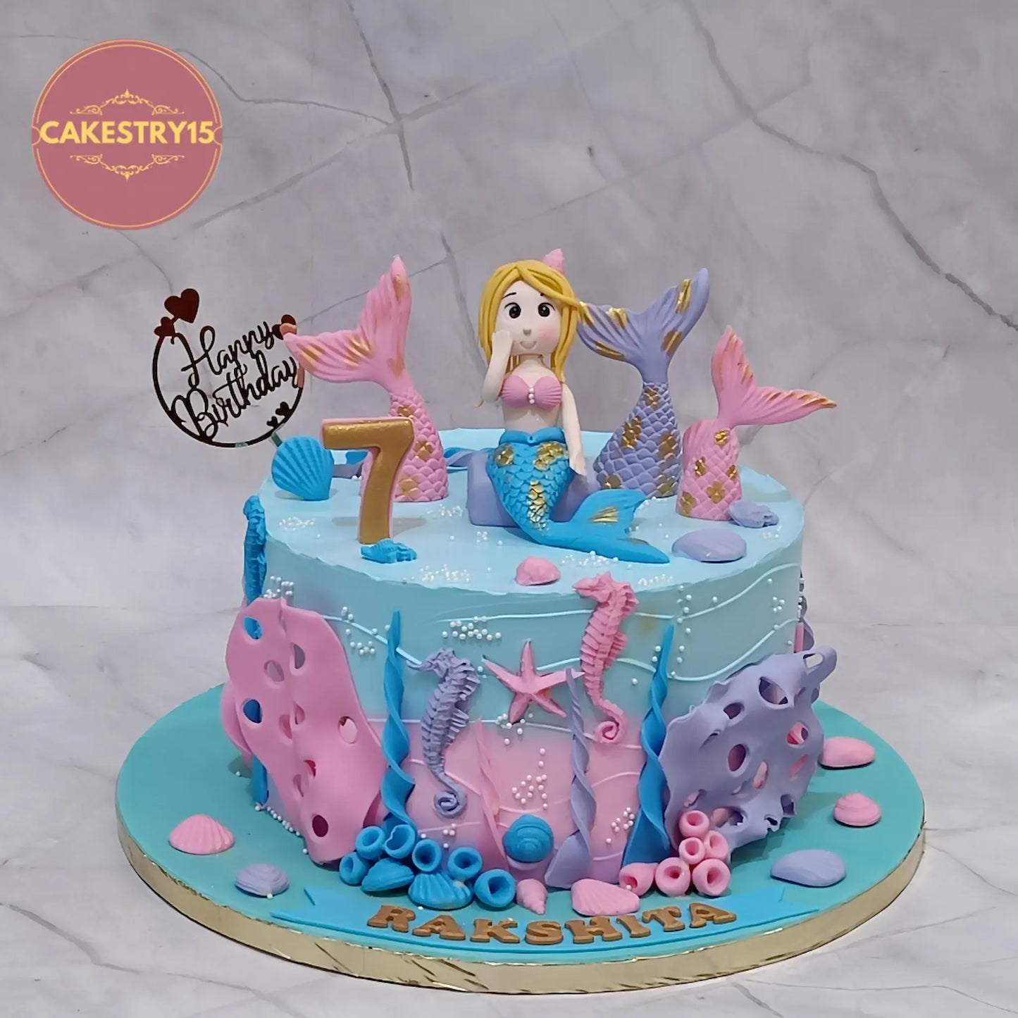 Mermaid theme birthday cake for kids, 2kg eggless choco vanilla cake with fondant mermaid and sea elements in Noida by cakestry15