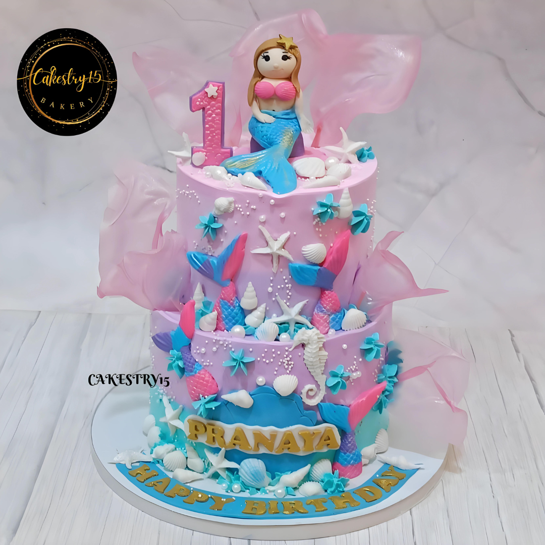 mermaid theme 3kg size 2tier chocolate flavor 1st birthday cake,full image