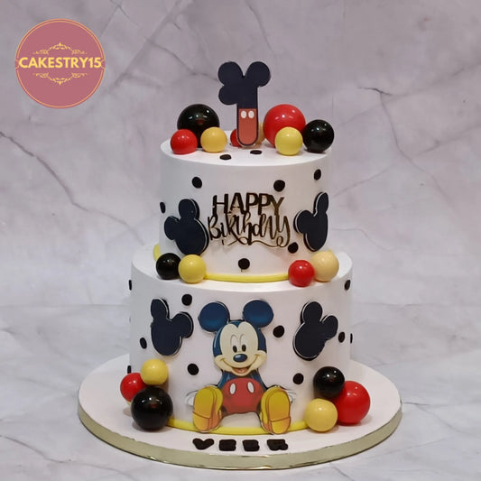 Mickey Mouse first birthday cake eggless kids birthday cake in Noida with two tier theme design