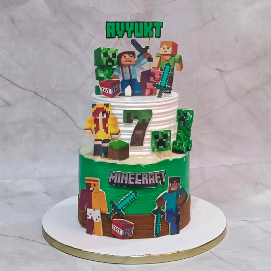 Minecraft Steve 7th birthday cake for a boy, topped with Minecraft characters and elements.