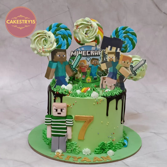 Minecraft kids birthday cake theme cake Noida design in eggless cakes with chocolate drip and character toppers