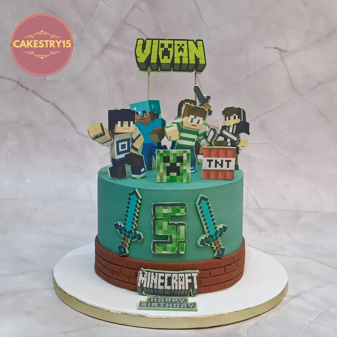 Minecraft kids birthday cake in Noida with themed edible characters, premium eggless cakes design for boys birthday parties