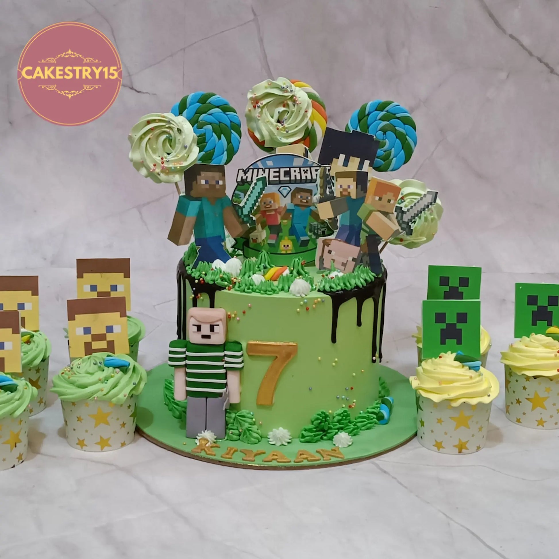 Minecraft kids birthday cake with matching cupcakes theme cake Noida in eggless cakes with chocolate drip and character design