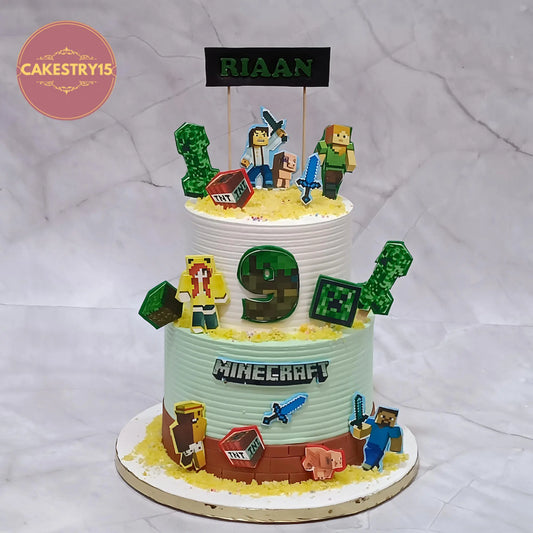 Eggless Minecraft theme kids birthday cake with edible images, name plank topper, and age 9 design by Cakestry15 in Noida.