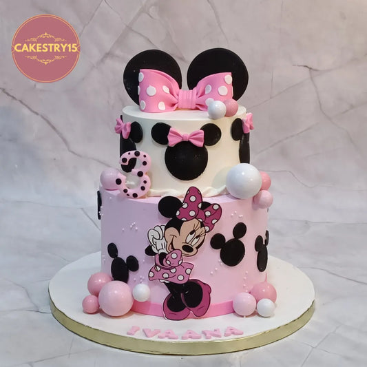 Eggless Minnie Mouse kids birthday cake with premium theme cake design in Noida for a 3rd birthday celebration.