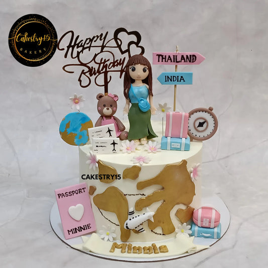 1kg chocolate birthday cake with travel theme elements by Cakestry15 for a girl celebrating in Noida

