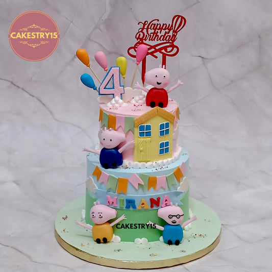 2kg choco vanilla Peppa Pig birthday cake with fondant family, house, balloons, and flags from Cakestry15 Noida