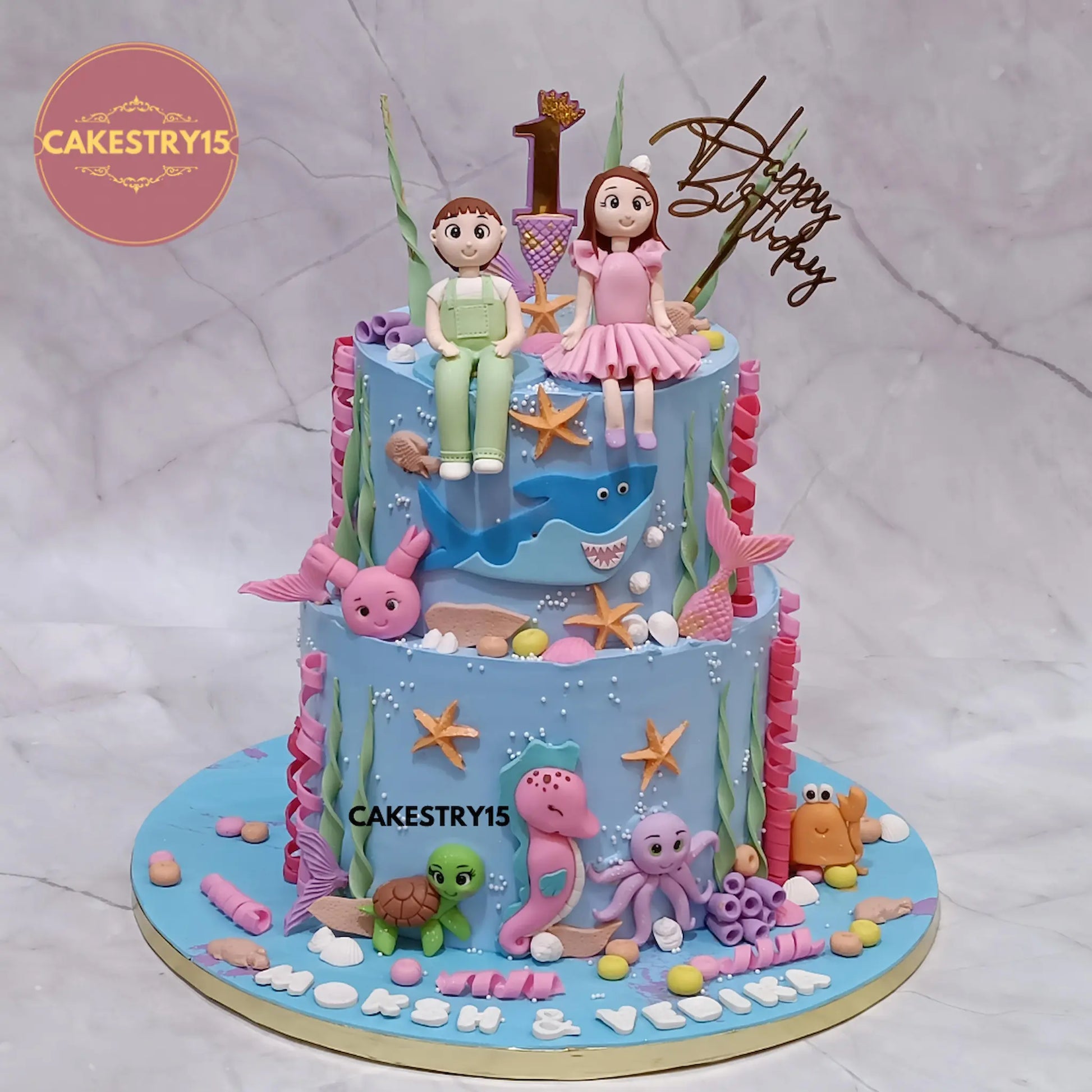 5kg underwater theme choco vanilla cake for twins from Cakestry15 featuring sea creatures and twin toppers