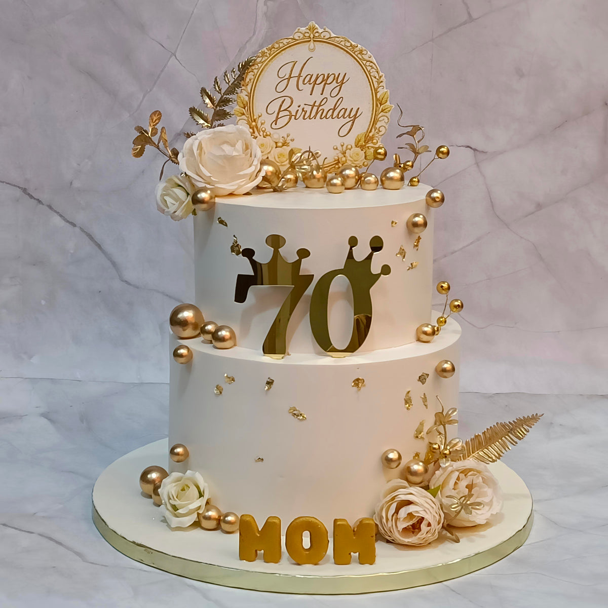 Mom 70th  birthday cake with elegant 2-tier design, theme cake Noida, pineapple flavour and eggless cakes.