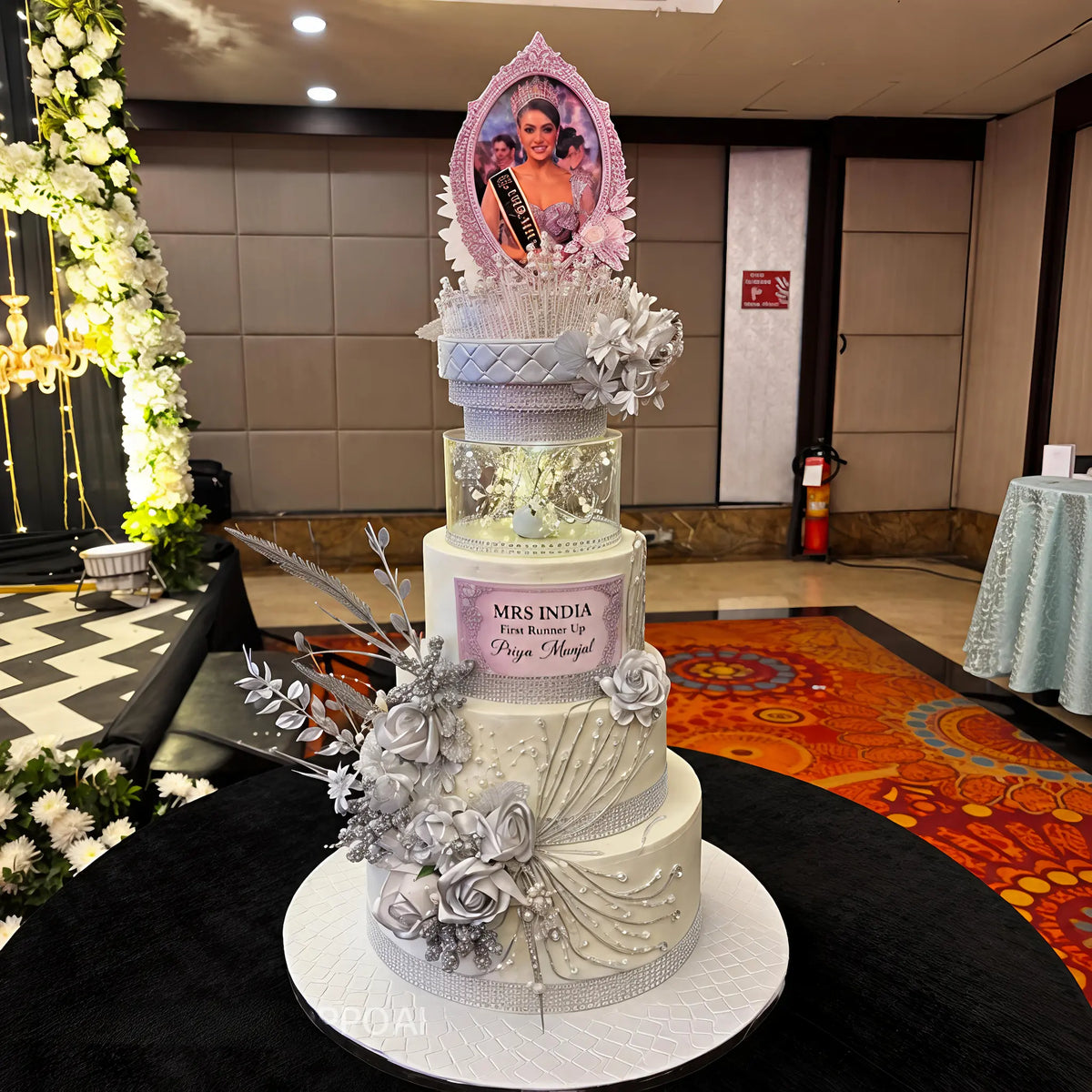 Mrs India winner 3 tier custom cake displayed at the venue during an elegant celebration.