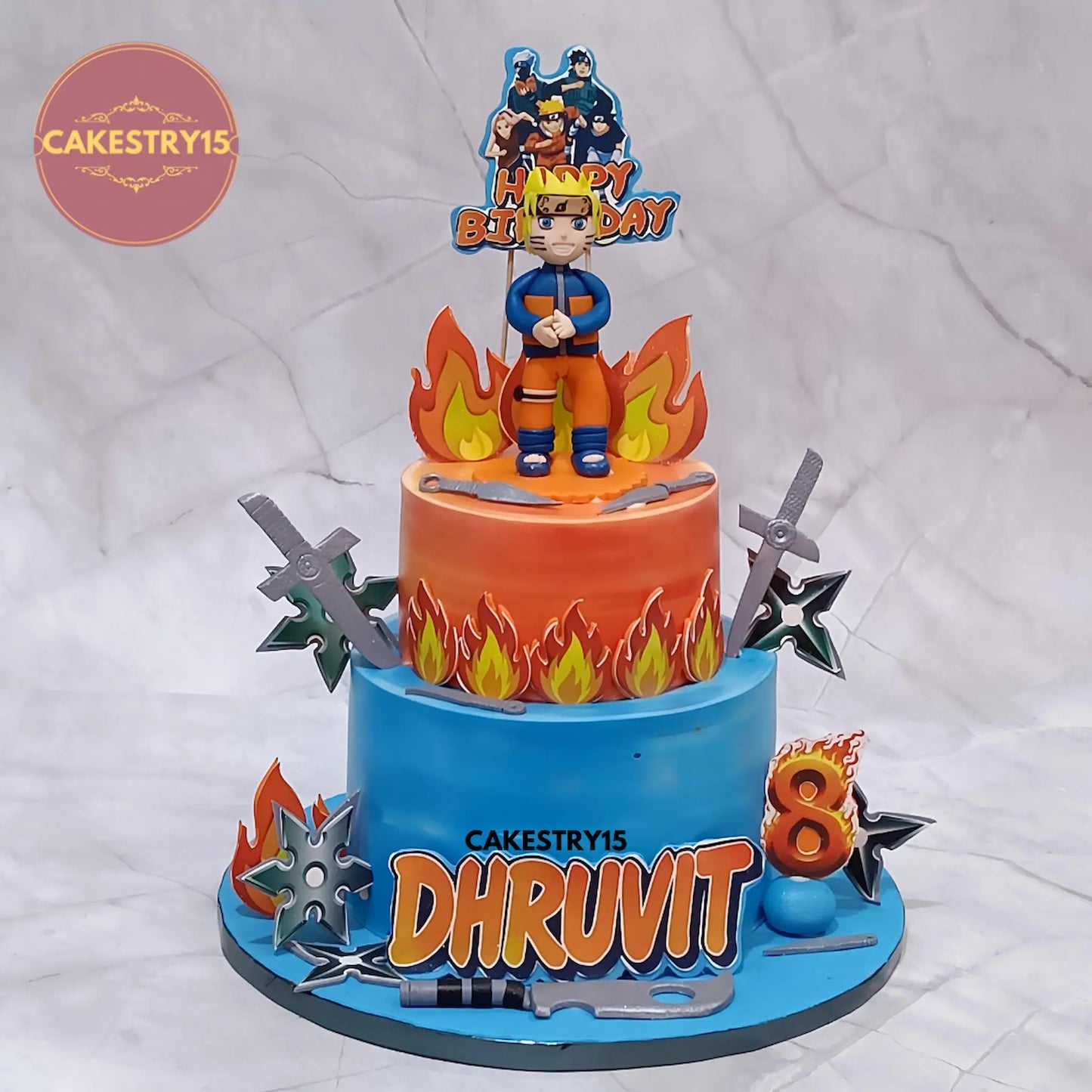 Naruto theme 3kg choco chips birthday cake with fondant Naruto figurine and edible decorations from Cakestry15