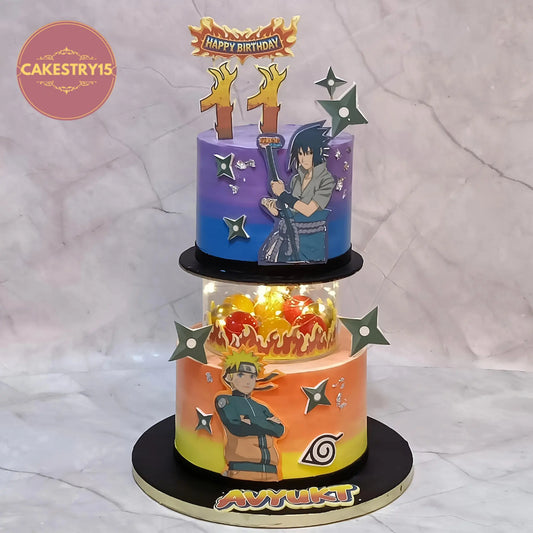 Naruto theme eggless kids birthday cake with spacer design, Naruto and Sasuke edible images, choco butterscotch flavour in Noida