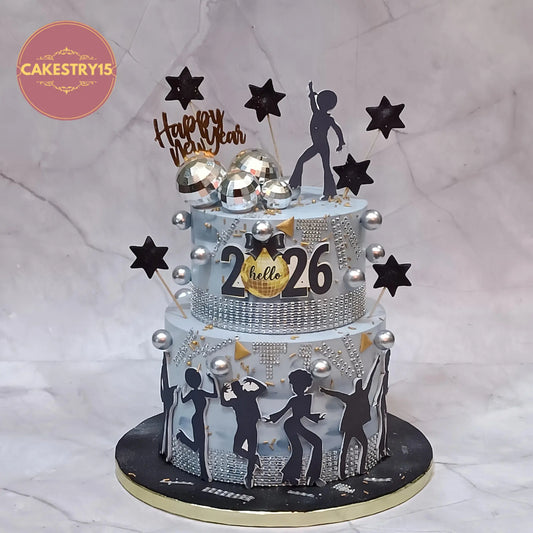 New Year 2026 corporate celebration cake with grey icing, silver disco balls and eggless choco vanilla flavour in Noida