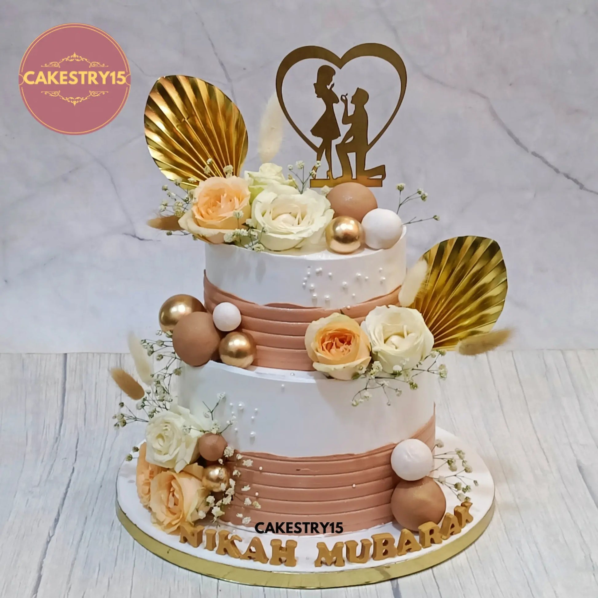 Elegant Nikah Mubarak eggless celebration cake with fresh roses and proposal topper for weddings in Noida by Cakestry15