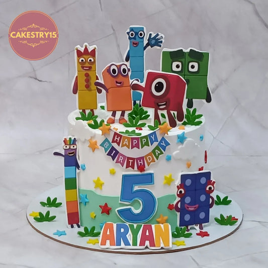 Eggless Numberblocks kids birthday cake with colourful character toppers, custom theme cake Noida for 5th birthday celebrations.