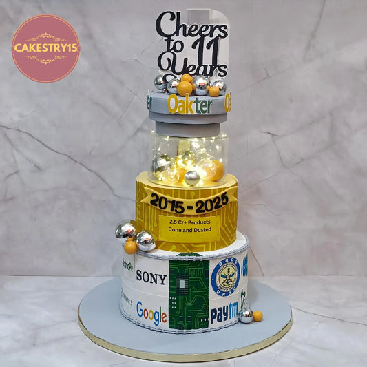 5kg eggless corporate celebration cake for Oakter with rotating topper and lights in Noida by cakestry15