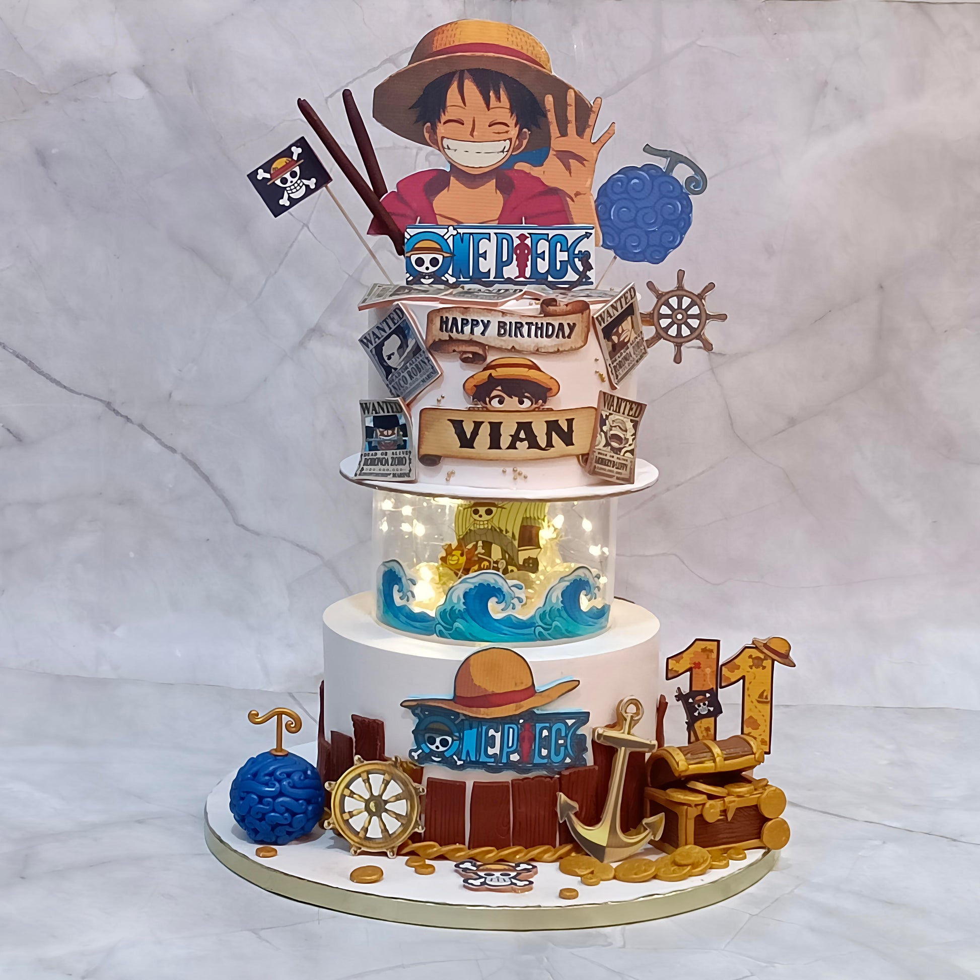 One Piece kids birthday cake with Luffy and pirate details, a theme cake Noida design from an eggless cakes bakery.