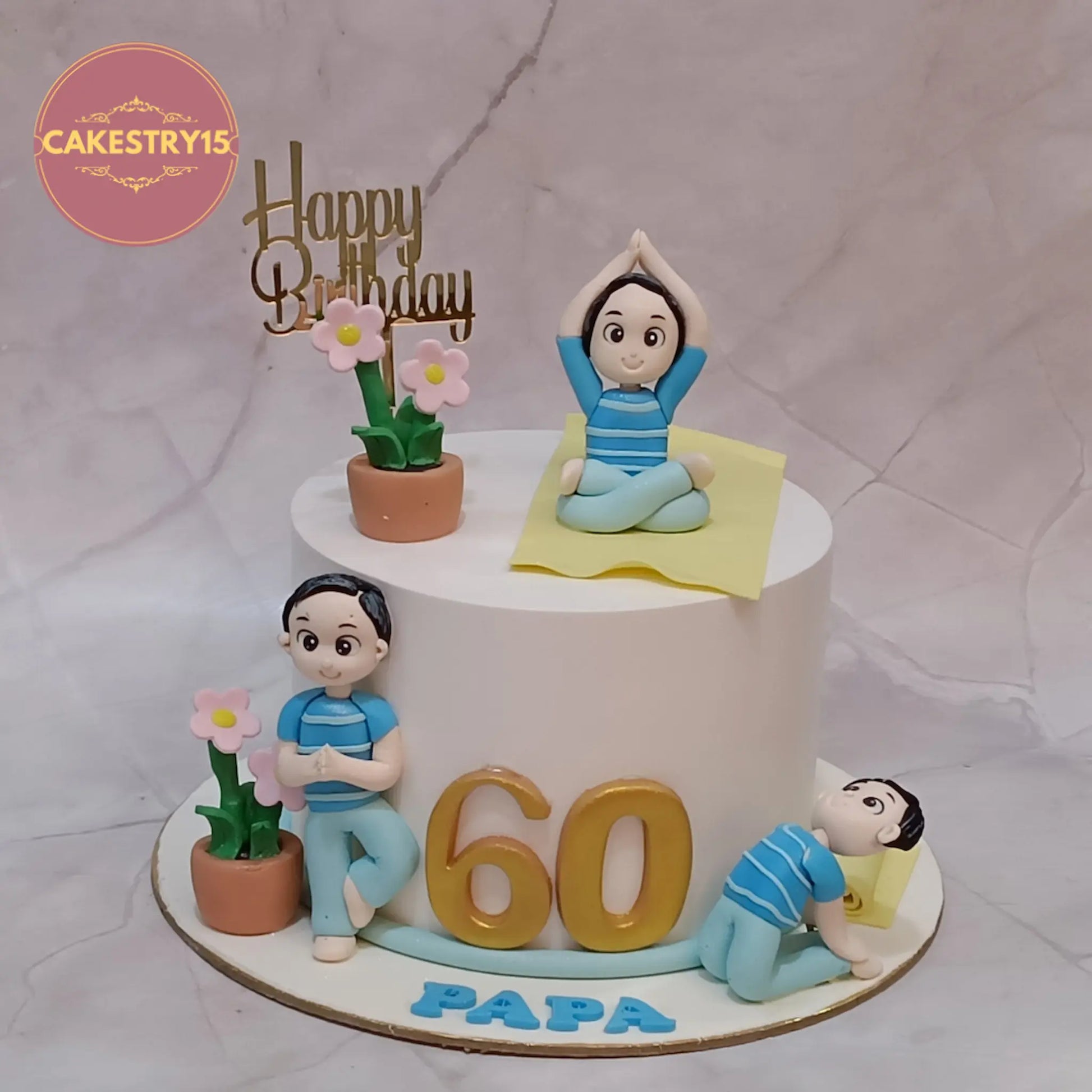 Papa 60th birthday kids birthday cake with yoga theme cake Noida design, premium eggless cakes with figurines