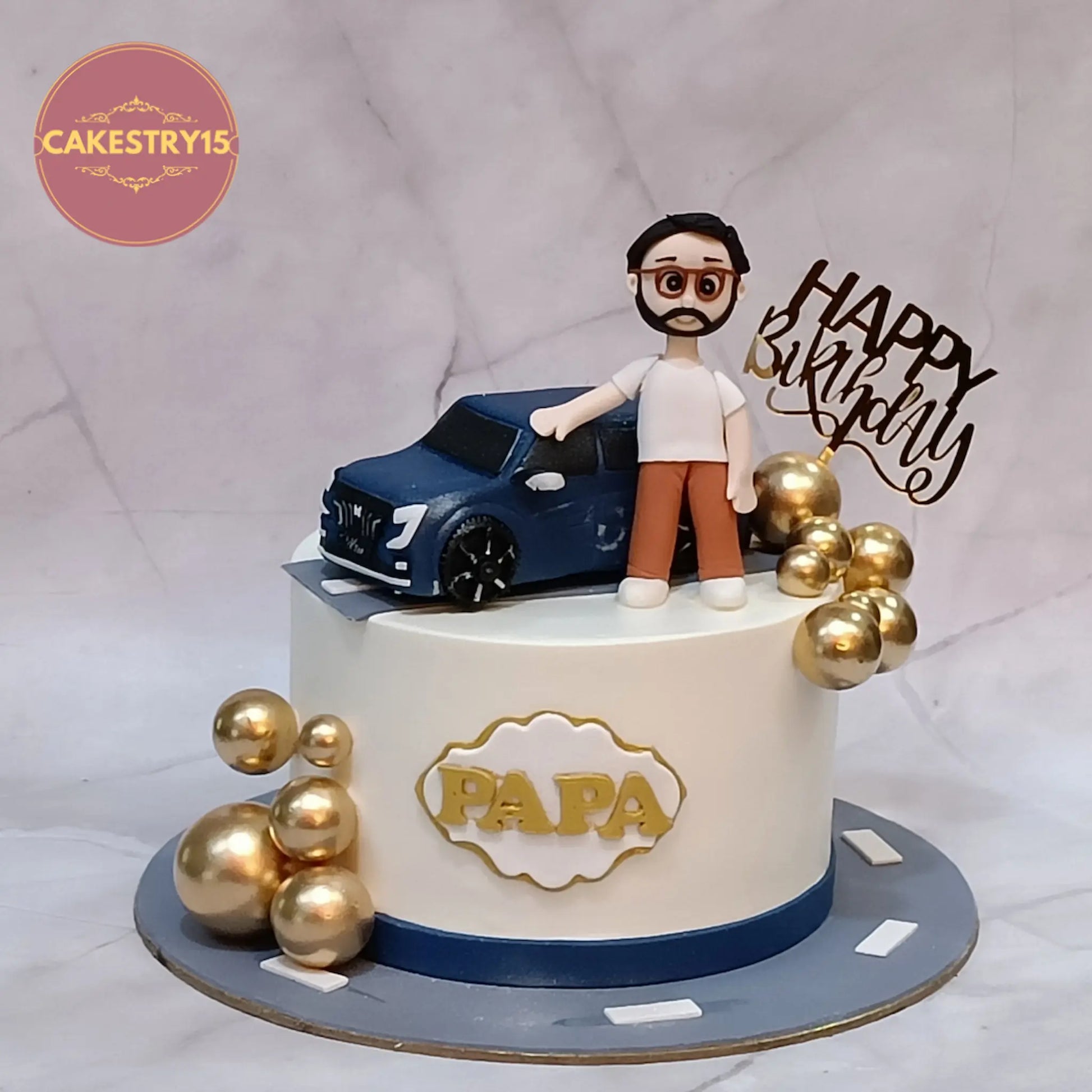 Eggless kids birthday cake style papa theme cake Noida with chocolate flavour featuring car topper and figurine