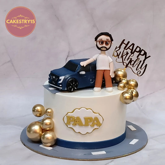 Eggless kids birthday cake style papa theme cake Noida with chocolate flavour featuring car topper and figurine